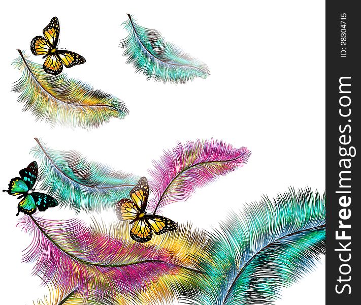 Colorful  Background With Ferns And Butterflies