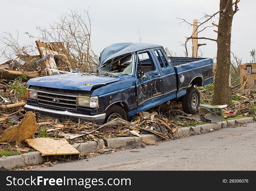 Street view of a pickup truck in Joplin, Missouri that was destroyed by the May 22, 2011 tornado. Street view of a pickup truck in Joplin, Missouri that was destroyed by the May 22, 2011 tornado.