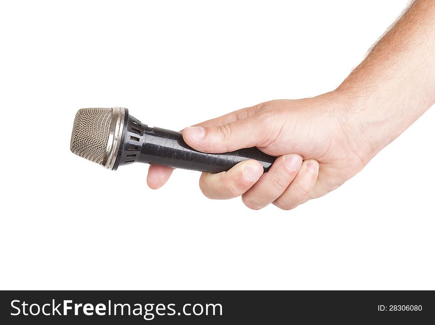 Hand hold microphone for interview, isolated