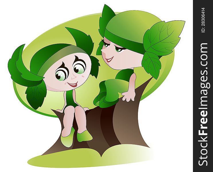 Two cheerful gnomes sitting on a branch of the big old green tree
