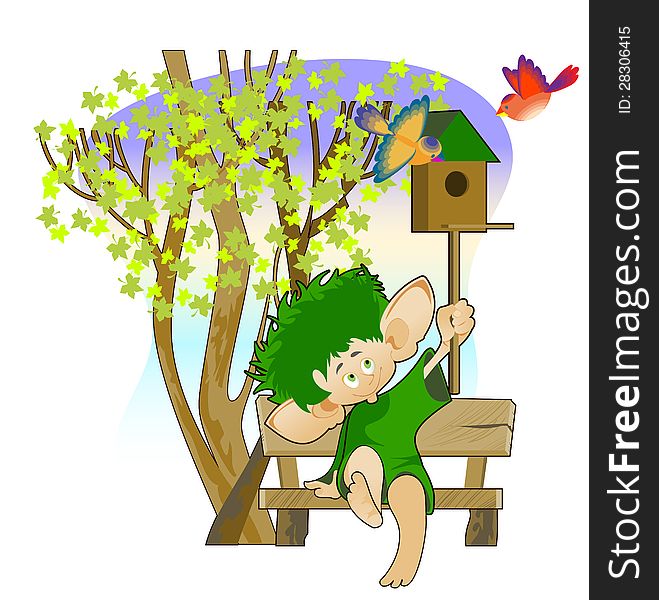 Little leprechaun sitting on a bench under a tree and holds a birdhouse in his hand. Little leprechaun sitting on a bench under a tree and holds a birdhouse in his hand