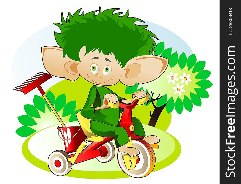 Small gnome - gardener carries on children's bicycles garden tools. Small gnome - gardener carries on children's bicycles garden tools