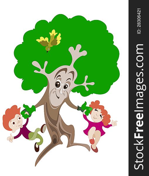 Animated image of a tree, which plays with two young children. Animated image of a tree, which plays with two young children