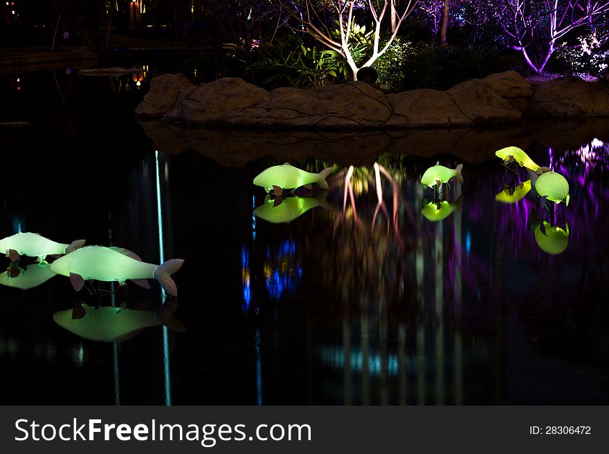 Fish shape decorative lightings on pool in Guangzhou City,China.