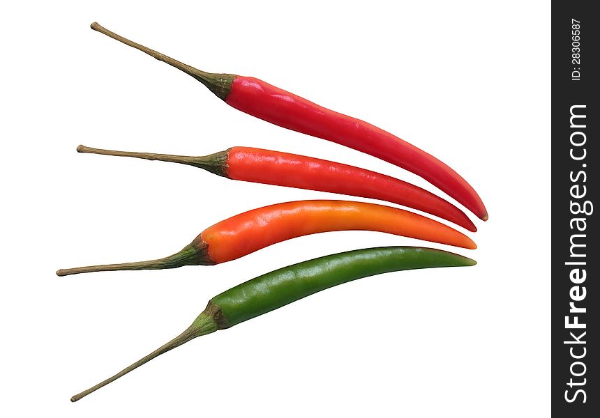 Green, orange & red colored chillies isolated on white background. Green, orange & red colored chillies isolated on white background.