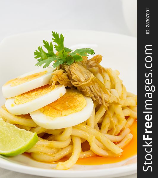 Thai style traditional chicken noodle with slice egg. Thai style traditional chicken noodle with slice egg.