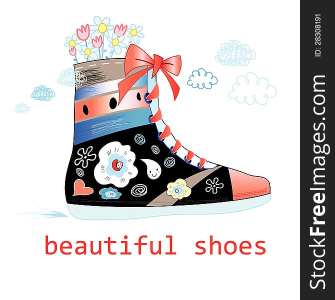 Bright beautiful shoes on a white background with clouds and flowers