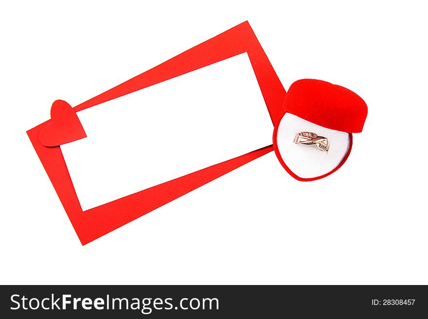 Blank valentine card with copyspace to write your own text and a gold ring in a box. Blank valentine card with copyspace to write your own text and a gold ring in a box