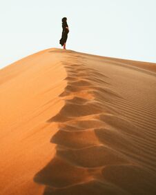 Free Woman Silhouette Enjoy Sand Dunes In Desert In Sunset Blue Hour Alone. Travel Lifestyle And Wellness Concept. Cinematic Wanderlust Stock Images - 283021144