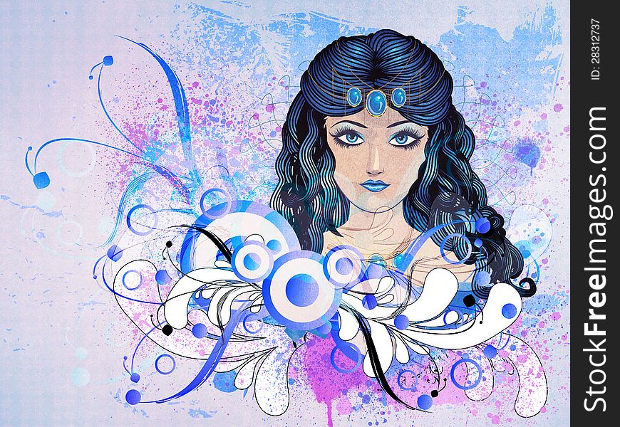 Illustration of a girl with blue hair on floral background. Illustration of a girl with blue hair on floral background.