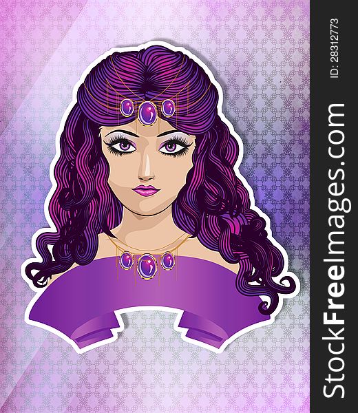 Illustration of a girl with purple hair and ribbon on colorful background. Illustration of a girl with purple hair and ribbon on colorful background.