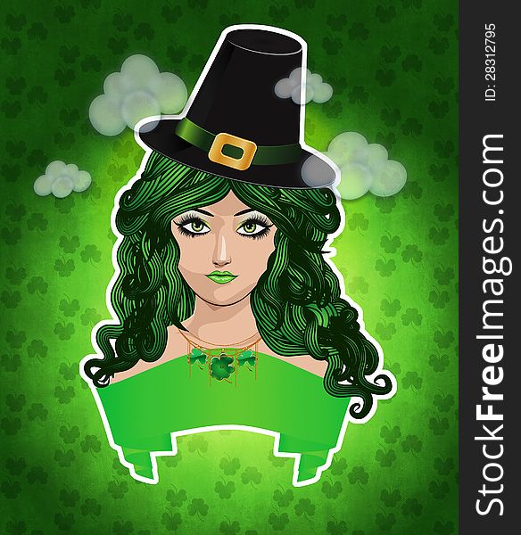 Illustration of girl with green hair and hat, leprechaun girl. Illustration of girl with green hair and hat, leprechaun girl.
