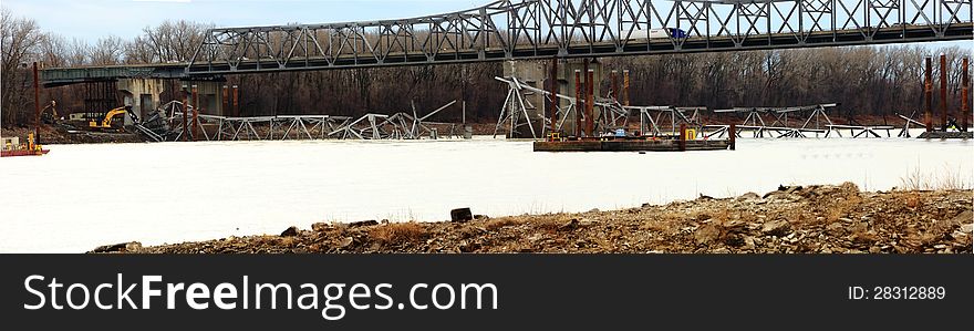 Panorama of bridge destruction  of first Interstate Bridge over the Missouri River at St. Charles, Missouri on December 4, 2012. Panorama of bridge destruction  of first Interstate Bridge over the Missouri River at St. Charles, Missouri on December 4, 2012