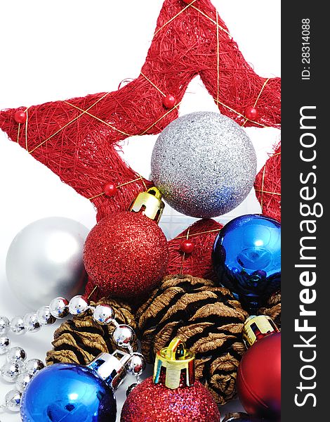 Christmas star with balls on Christmas tree. Christmas star with balls on Christmas tree