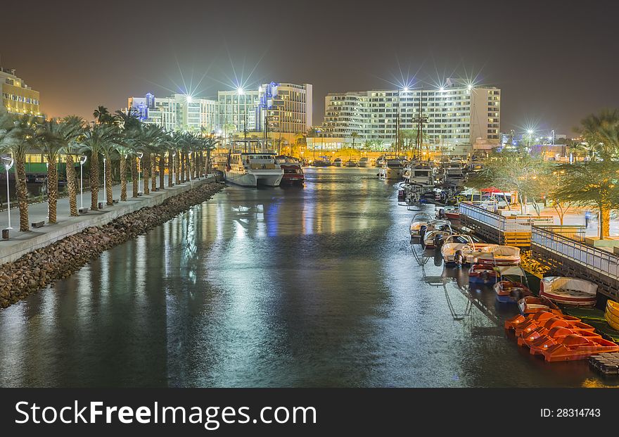Night view on hotels and marina, Eilat