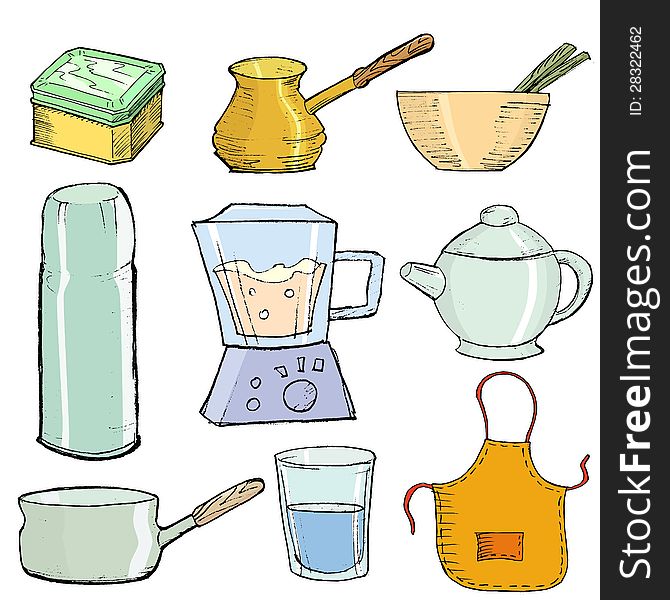 Set of hand drawn, illustration of kitchen objects