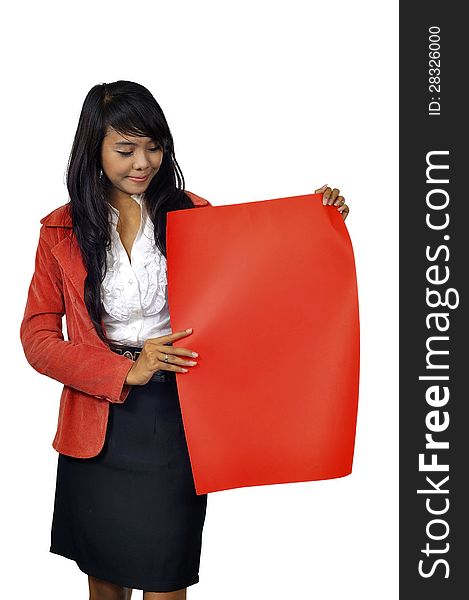 Asian business woman holding red banner isolated over white background. You can put your message on the banner. Asian business woman holding red banner isolated over white background. You can put your message on the banner