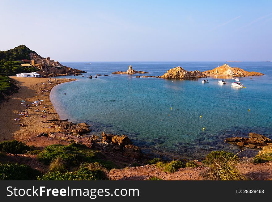 View of Cala Pregonda  beach in Menorca, Balearic Islands, Spain. View of Cala Pregonda  beach in Menorca, Balearic Islands, Spain