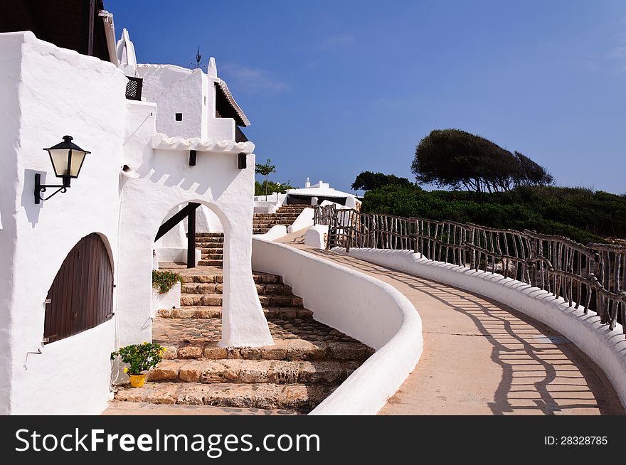 Typical white houses in the village of Binibequer Vell, Menorca, Balearic Islands, Spain