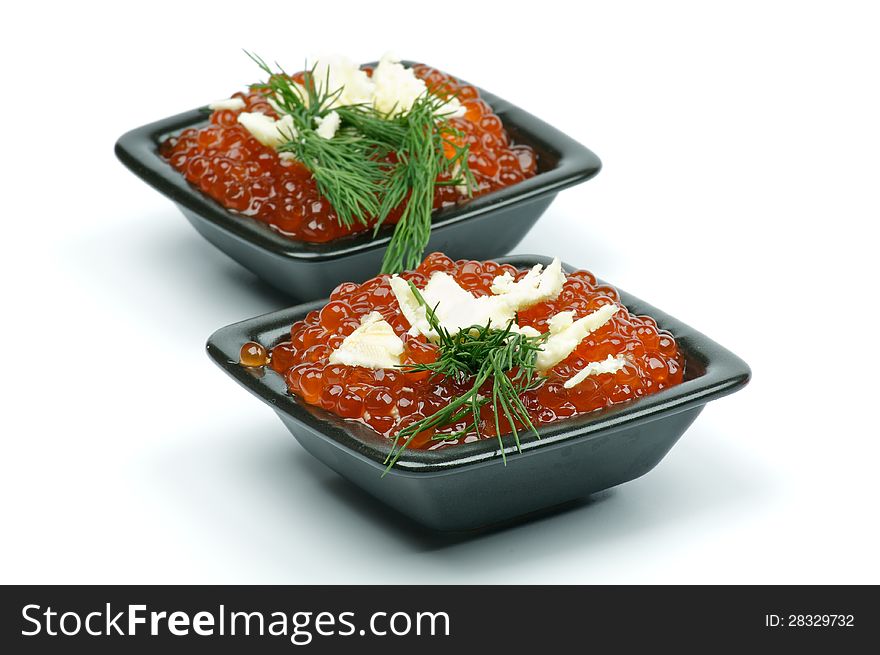 Perfect Red Caviar with Butter and Dill in Two Black Square Bowls  on white background