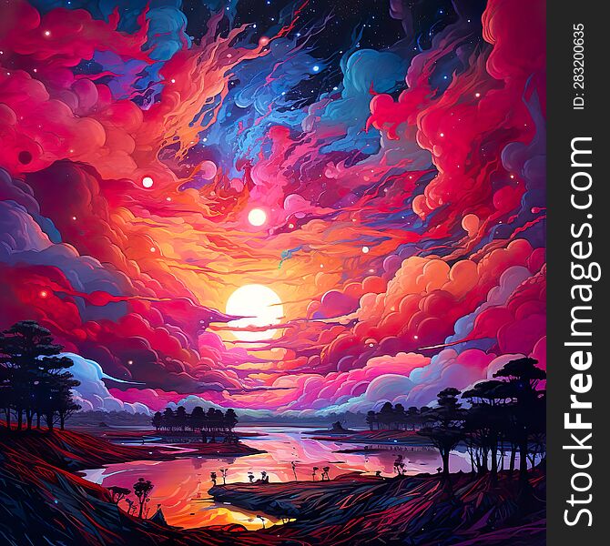 created with ai sunset coloful landscape art design illustration. created with ai sunset coloful landscape art design illustration