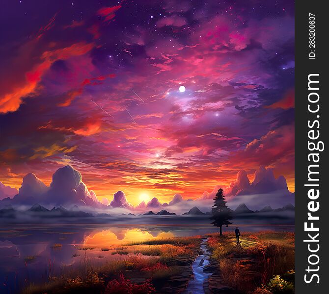 created with ai sunset coloful landscape art design illustration. created with ai sunset coloful landscape art design illustration