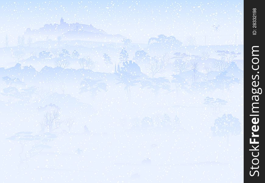 Vector background of snowy valley with trees under morning snowfall. Vector background of snowy valley with trees under morning snowfall.
