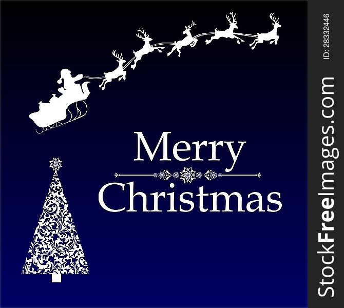 Vector image of christmas card with santa flying and a christmas tree on a parliament background