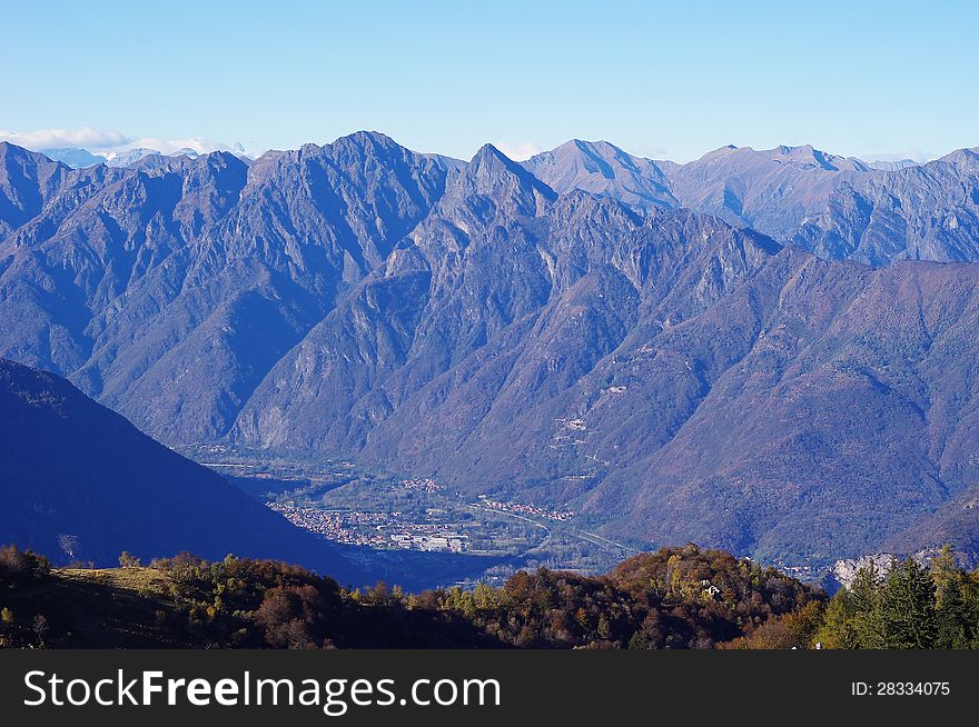 Panorama of Western Alps and Northern Italy from mountain Mottarone, near to lake Maggiore