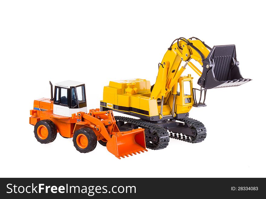 Toy heavy excavator isolated over white background