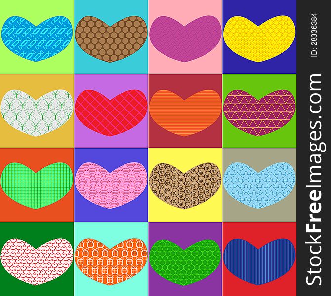 Colorful hearts with different textures for Valentine's Day