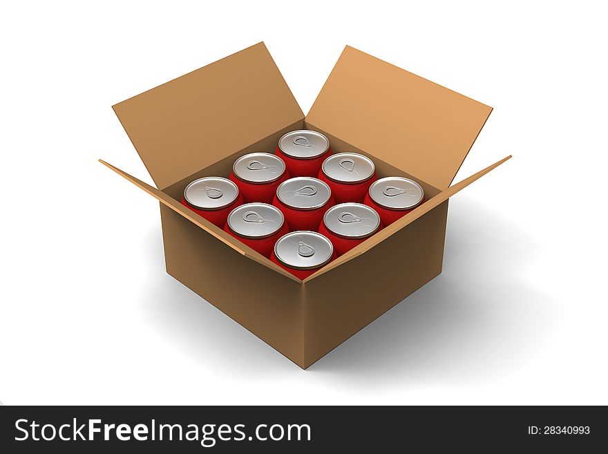 3D model of red cans in a brown box. 3D model of red cans in a brown box