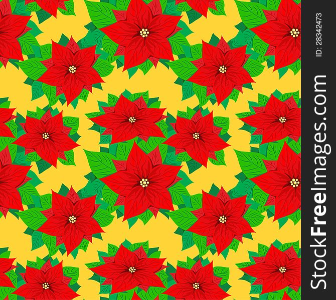 Seamless pattern with red poinsettia on yellow background. Seamless pattern with red poinsettia on yellow background