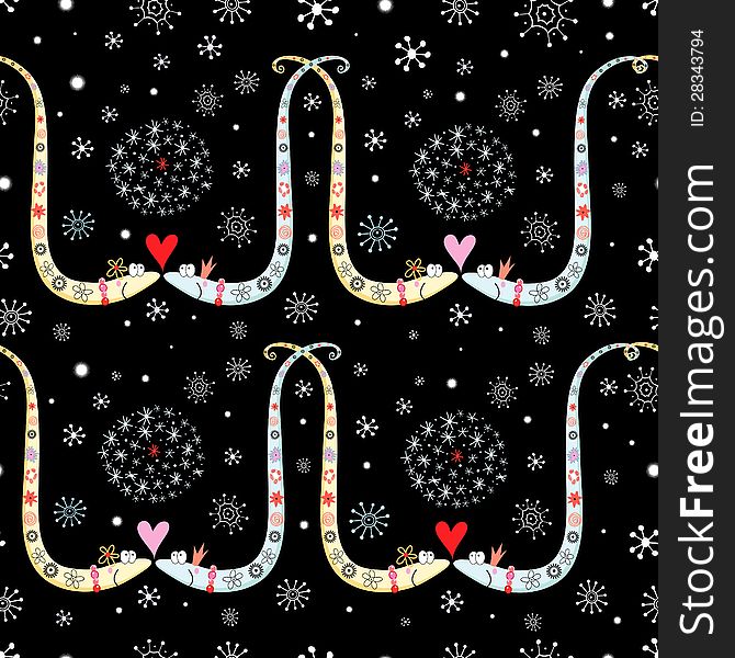 Seamless graphic pattern of snake lovers on a black background with snowflakes. Seamless graphic pattern of snake lovers on a black background with snowflakes