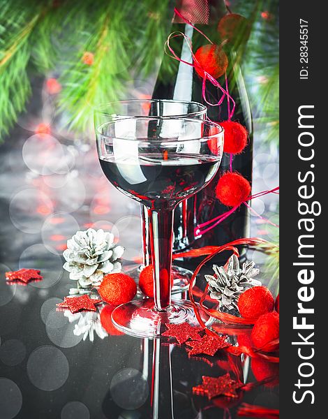Christmas and New Year card (glasses, balls, bokeh)