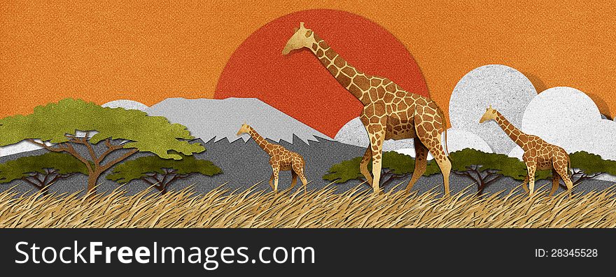 Giraffe made from recycled papercraft background