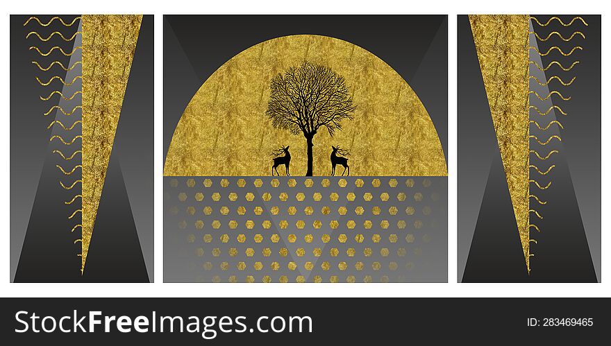 Modern canvas artwork. black background and golden triangles. circle and wavy lines. black tree and deer. for bedroom wall decoration