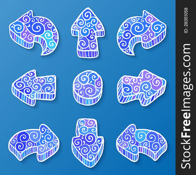 Set Of Blue And White Vector Doodle Ornate Arrows