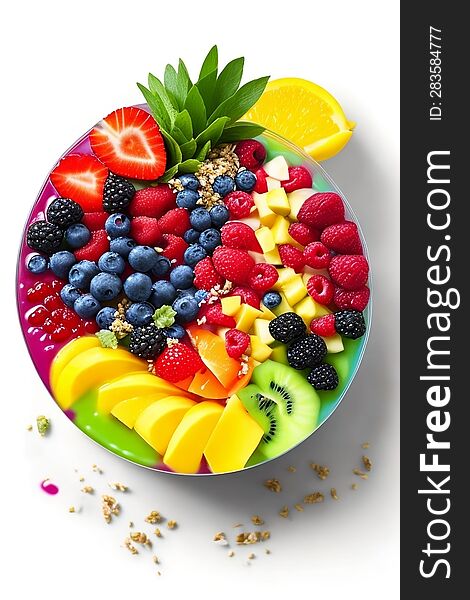 A visually striking rainbow smoothie bowl, topped with a variety of colorful fruits and toppings