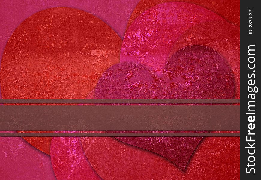 Illustration of grunge metal hearts with ribbon background.