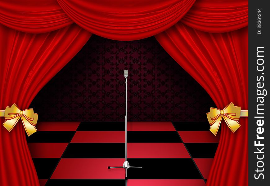 Illustration of red checkered floor with curtain background and retro microphone. Illustration of red checkered floor with curtain background and retro microphone.