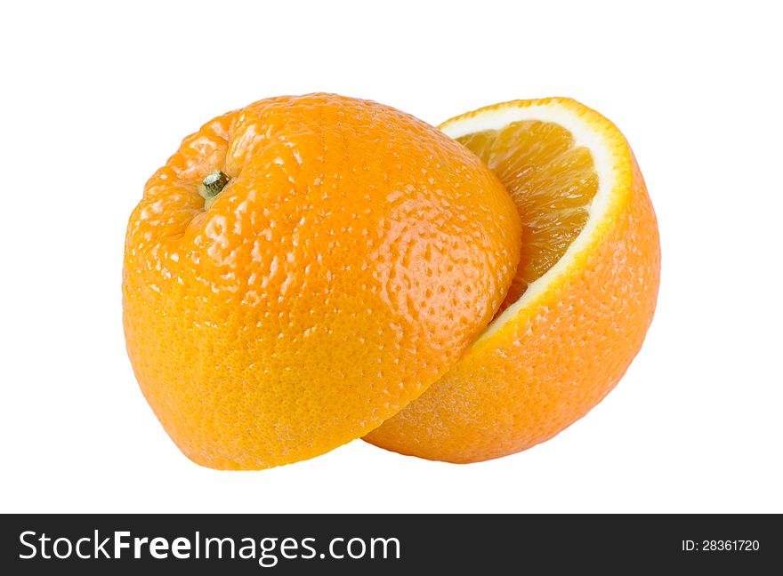 Halves of orange on white background