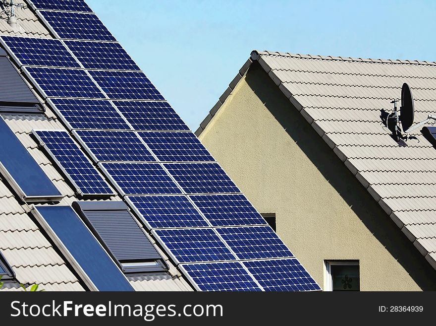 Solar panels on the roof of a residential building
