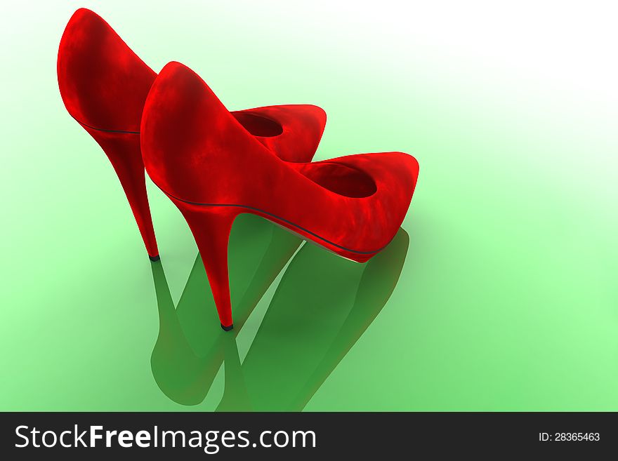 3d Illustration of red velvet shoes on green background