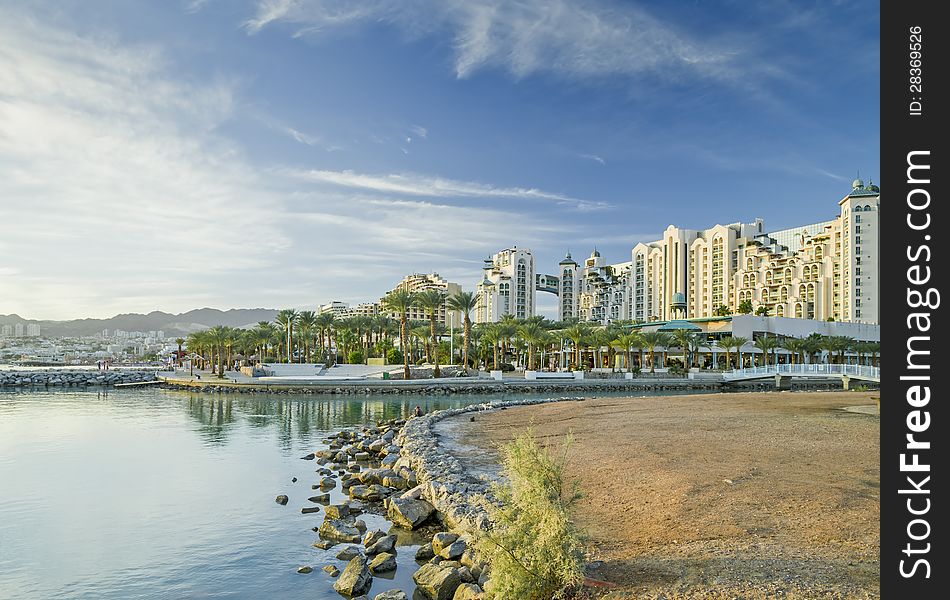 Morning view on northen beach and hotels , Eilat, Israel. Morning view on northen beach and hotels , Eilat, Israel