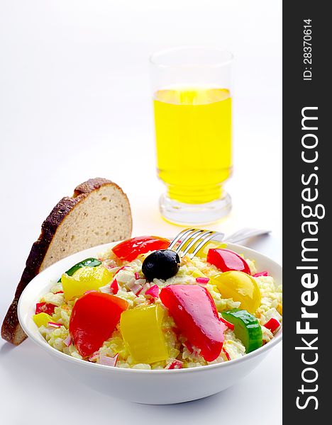 Salad With Crab Sticks And A Glass Of Juice