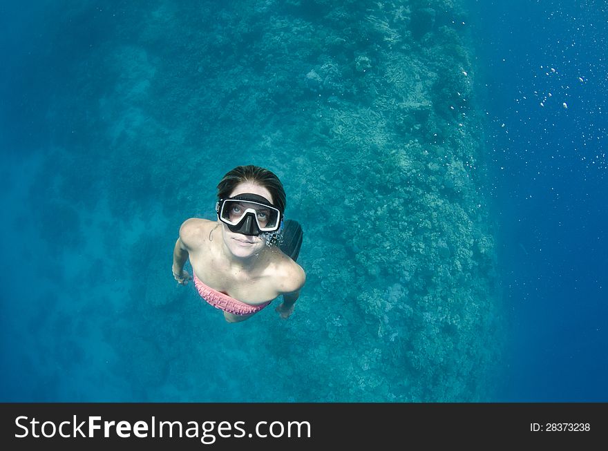 Woman Free Diving On A Coral Reef