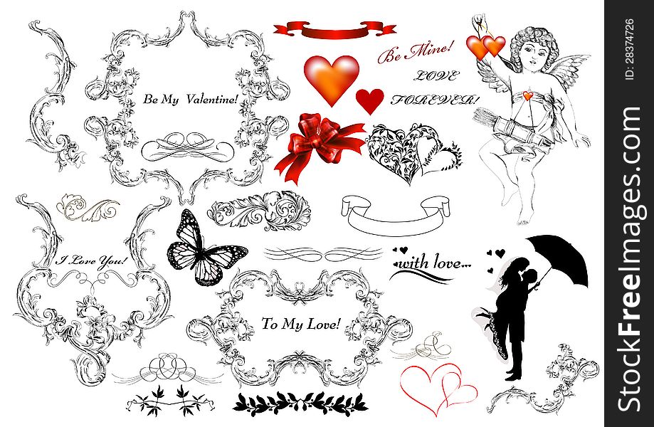 Collection of calligraphic design elements on St Valentine&#x27;s day