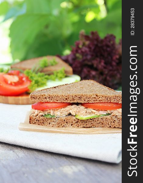 Rye bread sandwich with tuna, tomato slices and cucumber for a picnic