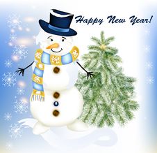 New Year Greeting Card With Snowman And Fir Tree Stock Image